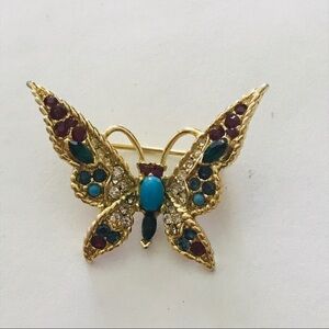 Vintage 80's Gold Plated Butterfly Brooch Pin with Crystals